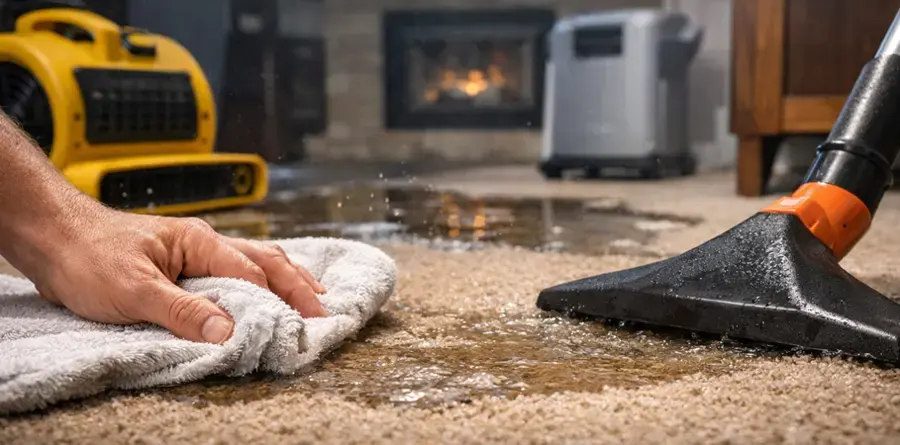 Wet vacuum extracting water from a soaked carpet