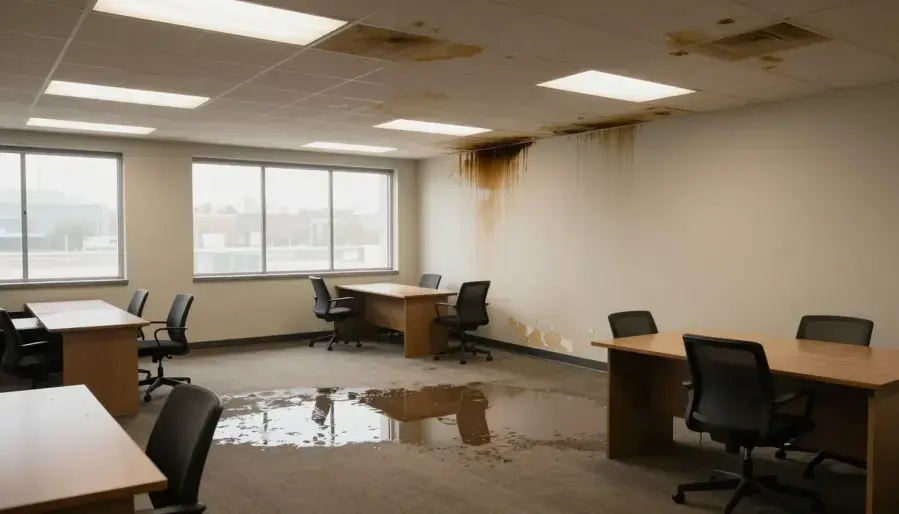 Office with ceiling water stains and water on the floor after a commercial leak