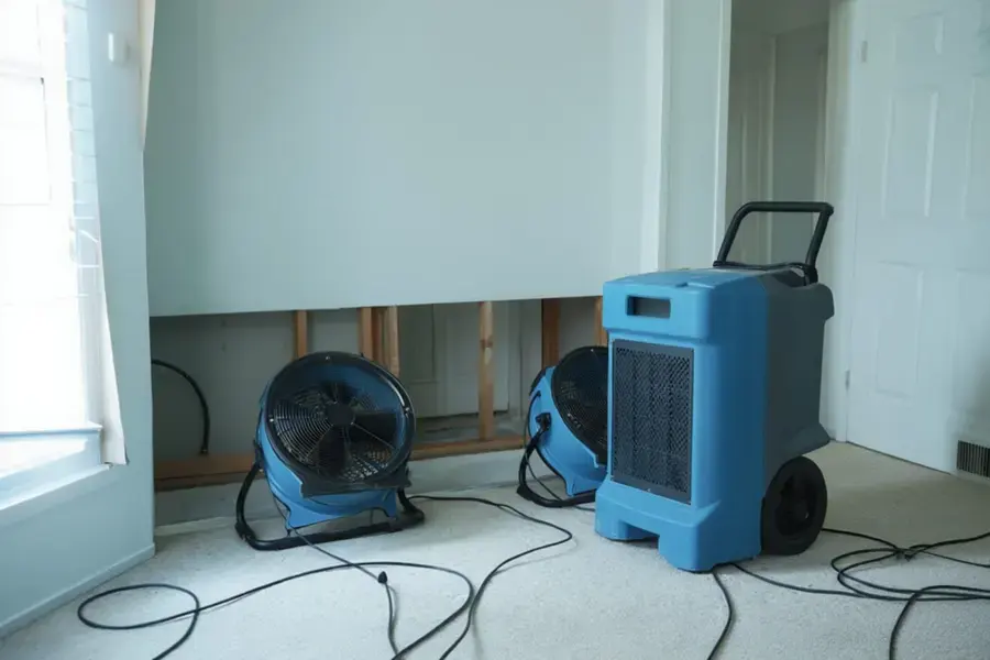 Air movers and a dehumidifier drying a room with a flood cut in a North Richland Hills home